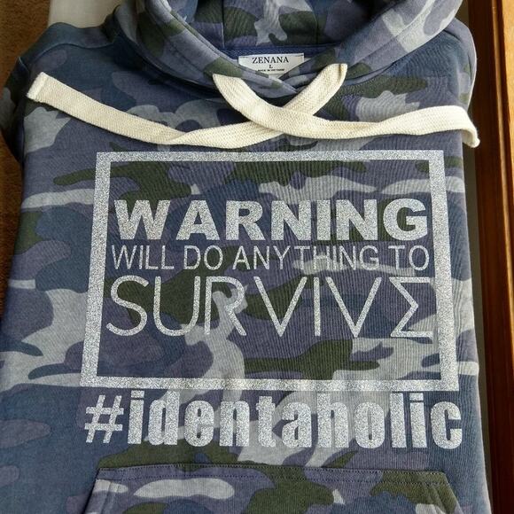 Large Callie Lives Miz Survivor Navy Camo Warning Hooded Sweatshirt blue fleece - Picture 2 of 11